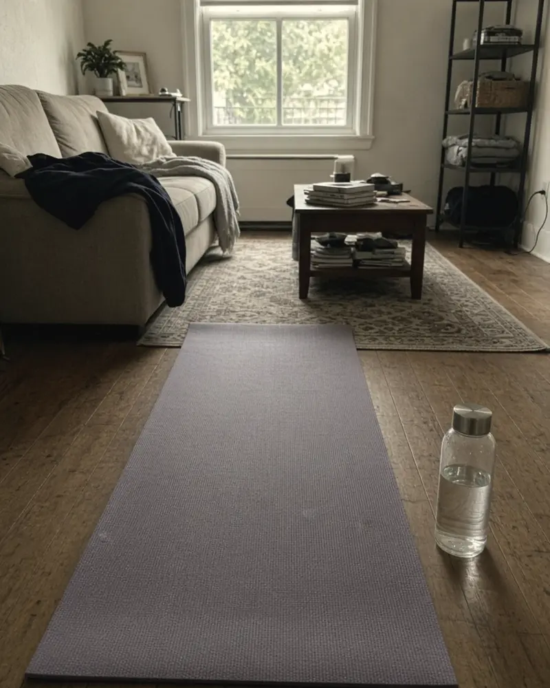 An exercise mat rolled out in a calm living room